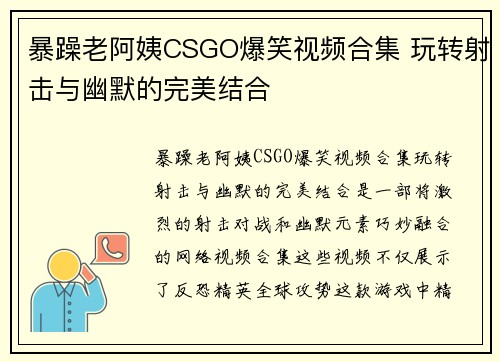 暴躁老阿姨CSGO爆笑视频合集 玩转射击与幽默的完美结合